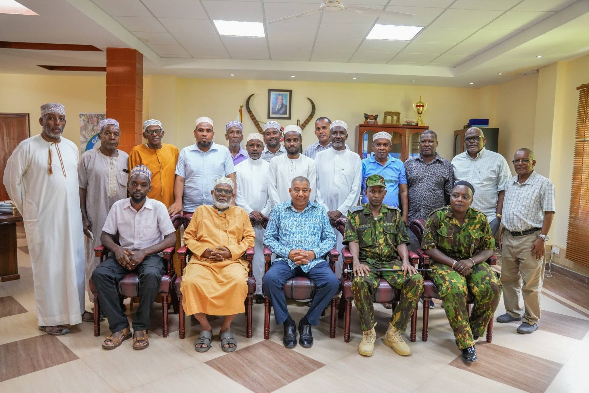 Lamu governor Issa Timamy when he hosted police officers and religious leaders at the Mokowe county headquarters