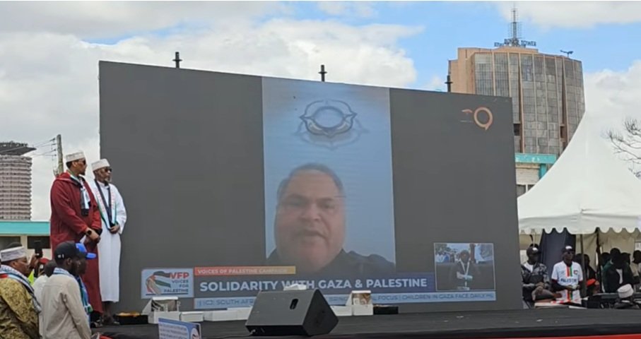 The director-general for the Palestinian Ministry of Health in Gaza Dr Medhat Hassan speaks to Kenyans during a Live video link at Uhuru Park
