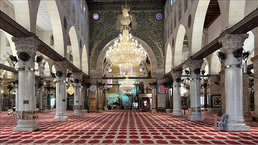 Aqsa mosque remains empty after the Israeli occupation authorities banned Muslims from praying in the mosque, the third holiest Islamic site in islam