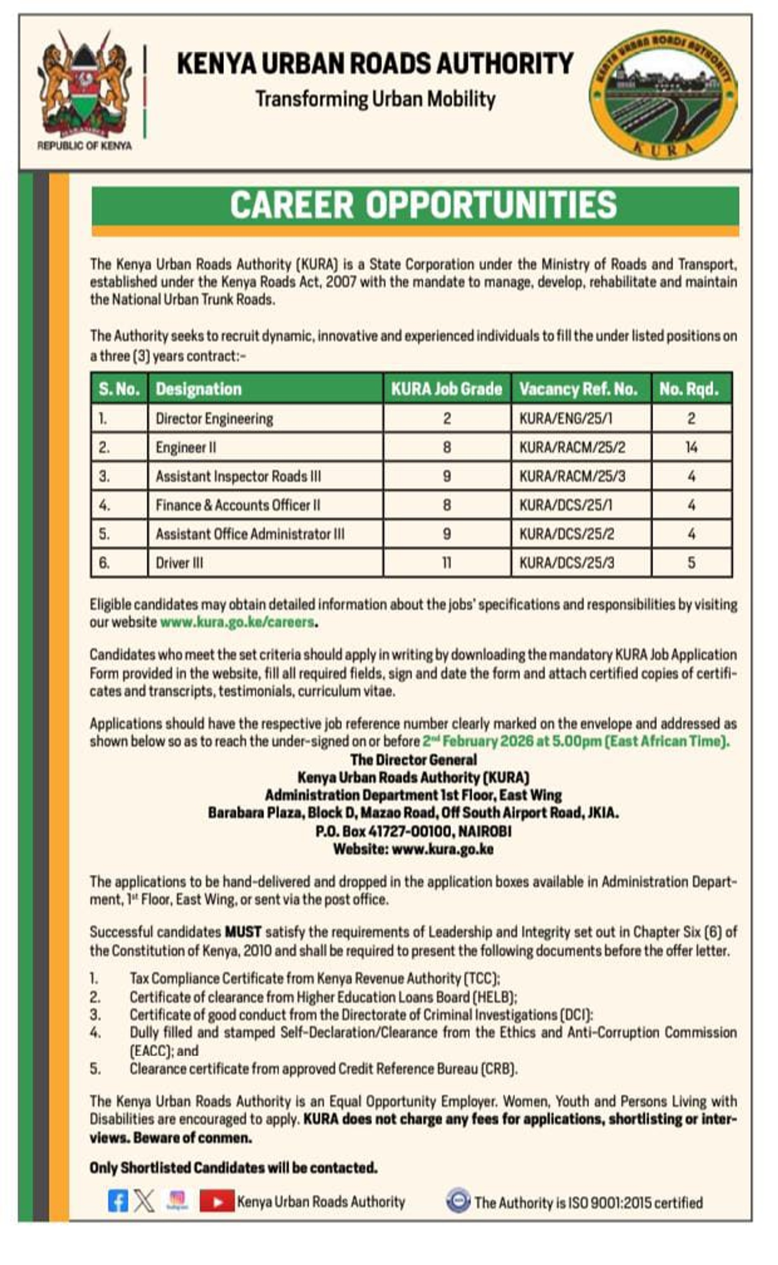 Career opportunities at Kenya Urban Roads Authority