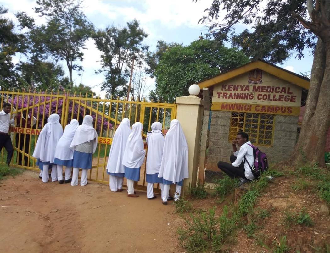 Muslim female students locked out of the Kenya Medical Training College, Mwingi Campus for wearing the Hijab in 2018. The issue was resolved after the intervention of Aden Duale, then Majority Leader in Parliament