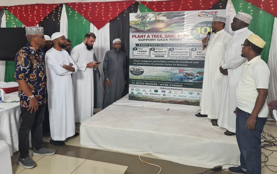 Former Mandera Senator Billow Kerrow speaks during the unveiling of the M-Ratiba campaign for Gaza