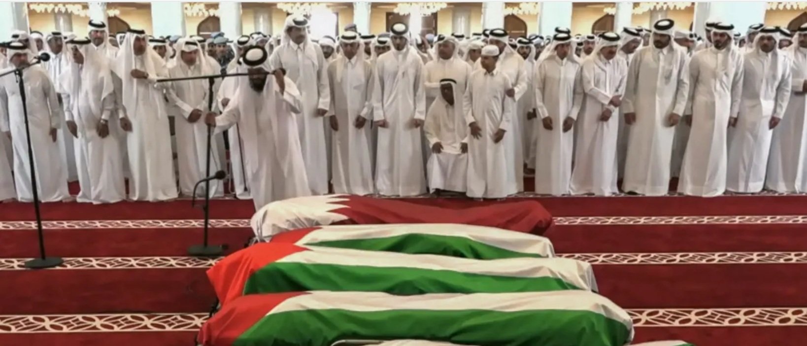 The Emir of Qatar Sheikh Tamim bin Hamad Al Thani join worshippers at the Sheikh Muhammad ibn Abdulwahab mosque in Doha for the funeral prayers of the six people killed in the Israeli attack