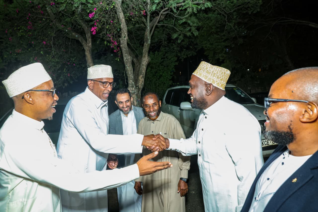 KAMMP President Dr. Ahmed Kalebi (left) gestures as Health CS Aden Duale and SHA chairman Dr Abdi Mohamed exchange a handshake during a KAMPP iftar dinner organised on Sunday March 8,2026.
