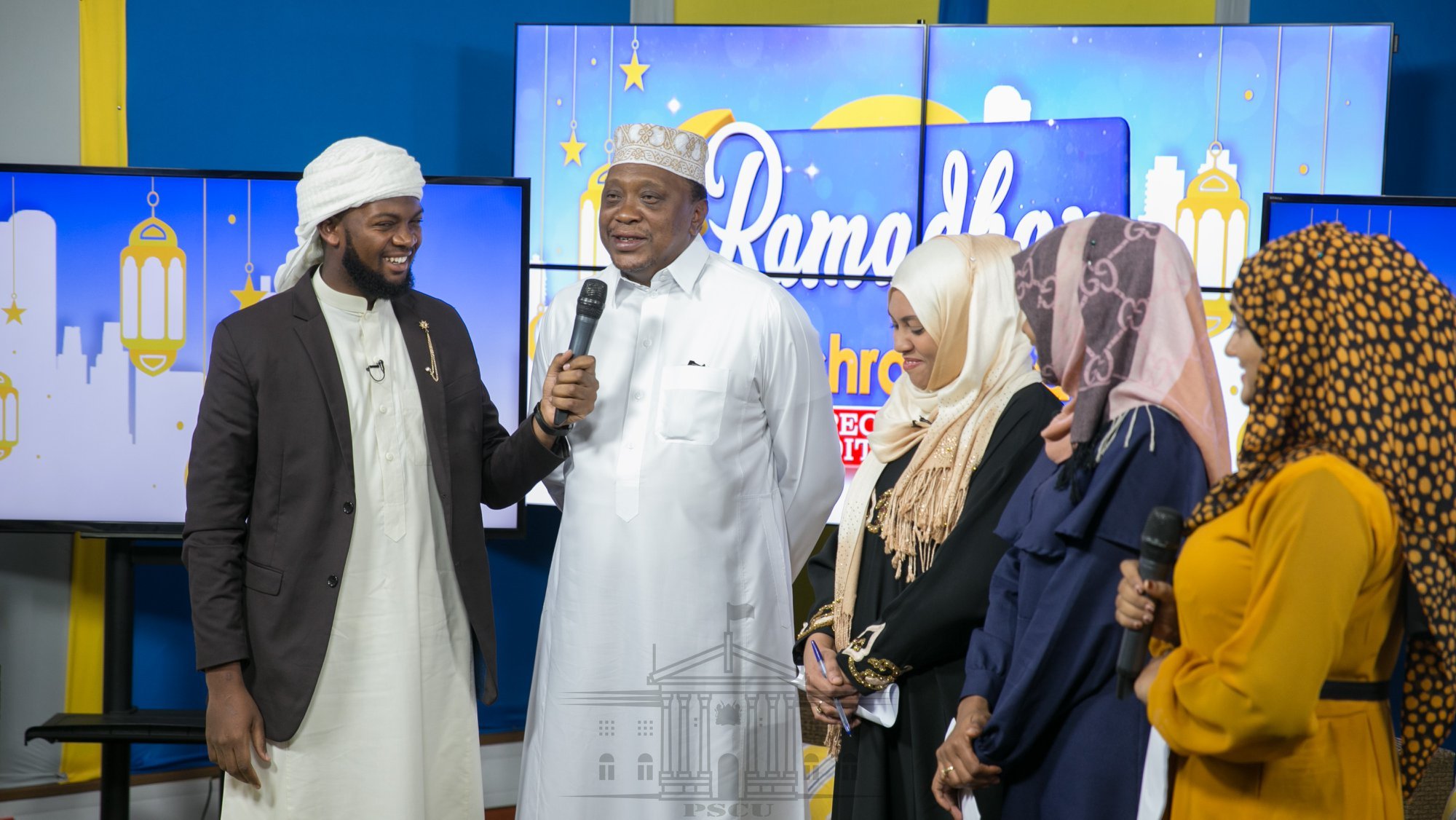 Former President Uhuru Kenyatta being interviewed by Feisal Kassim during his visit to the Horizon TV studio in May 2019