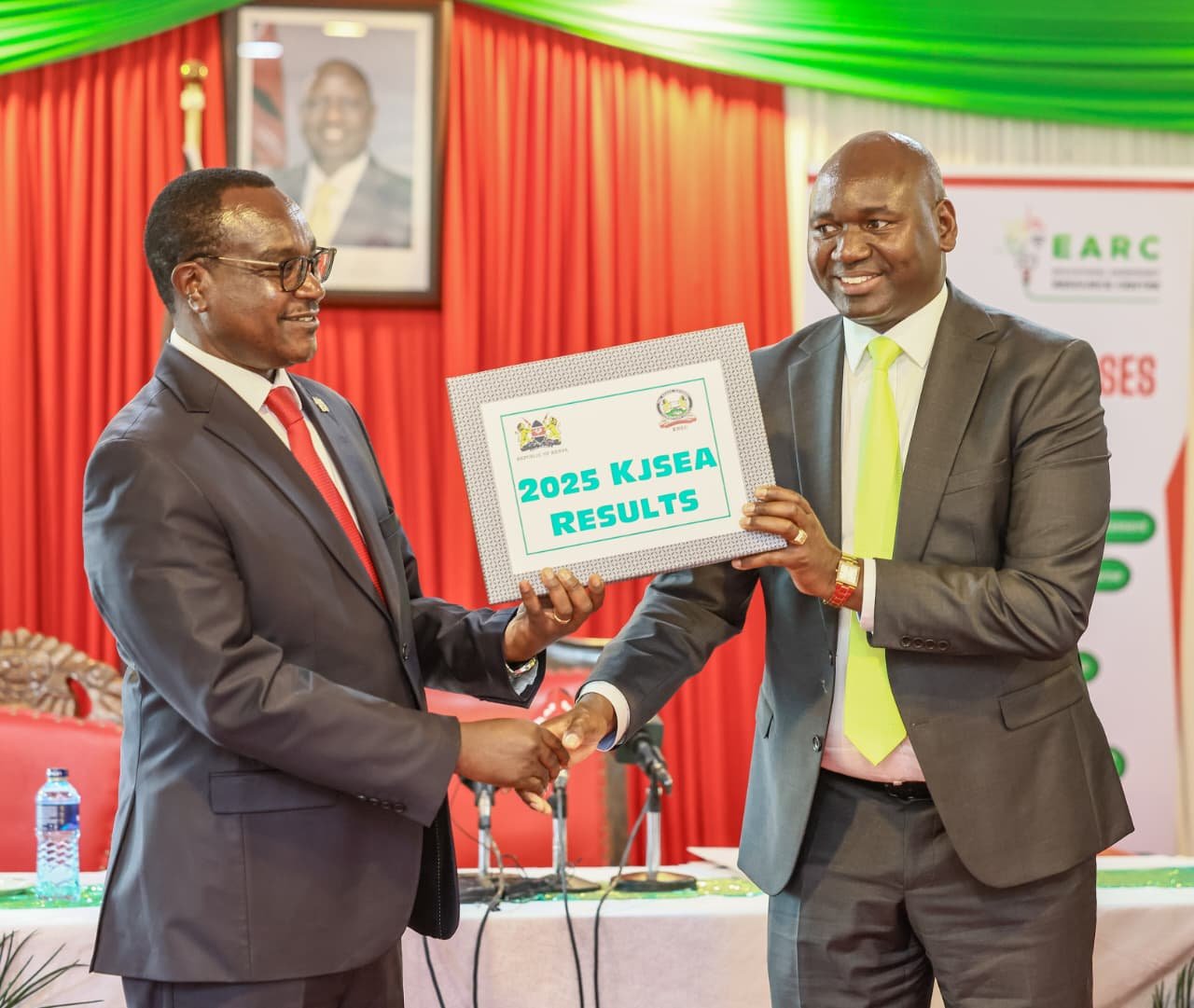 Education CS Julius Ogamba and Basic Education PS Julius Bitok during the release of KJSEA results on December 11.