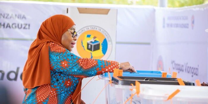 Tanzania President Samia Suluhu Hassan casting her vote during the elections on October 19