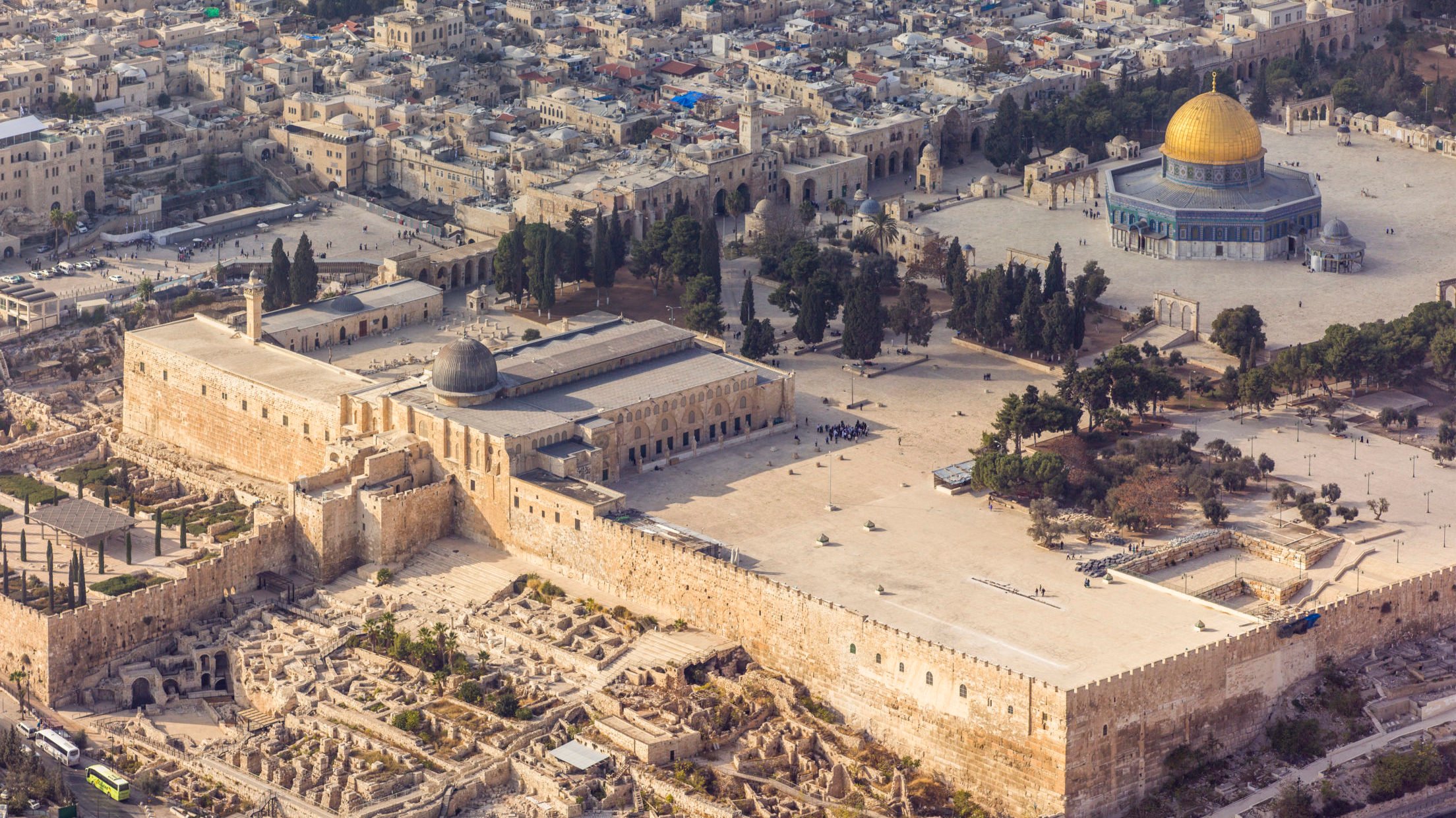 The noble sanctuary which includes Al Aqsa Mosque and the golden roofed Dome of the Rock
