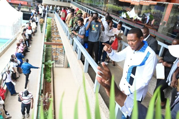 Labour and Social Protection Cabinet Secretary Alfred Mutua oversees thousands of Kenyans who turned up for interviews for employment opportunities in Middle East