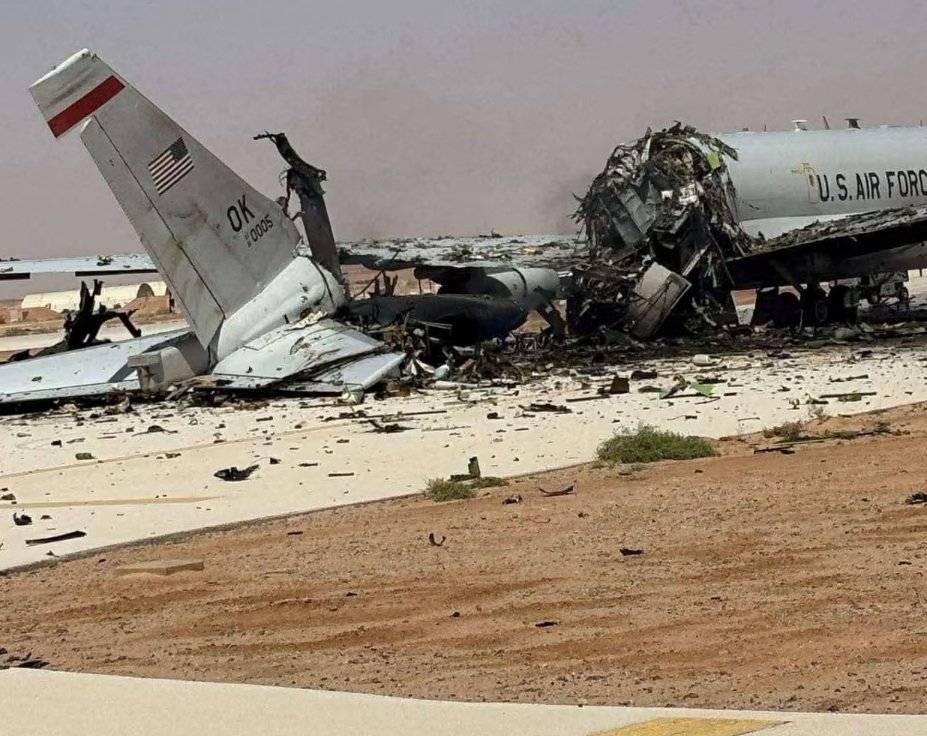 The US E-3 Sentry airborne warning and control system (AWACS) aircraft which was destroyed by during an Iranian ballistic attack at a Saudi Arabian airbasek