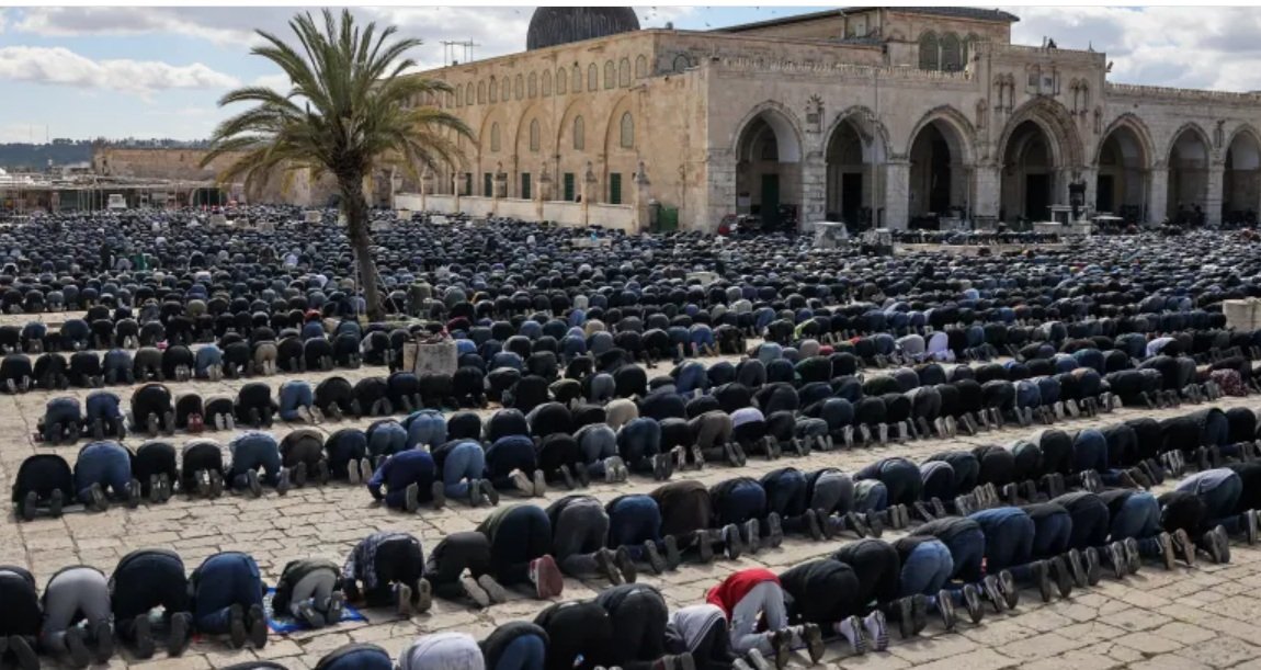 Worshippers at Al Aqsa Mosque during the second Friday of the month of Ramadhan. The Israeli occupation has since Saturday closed the mosque