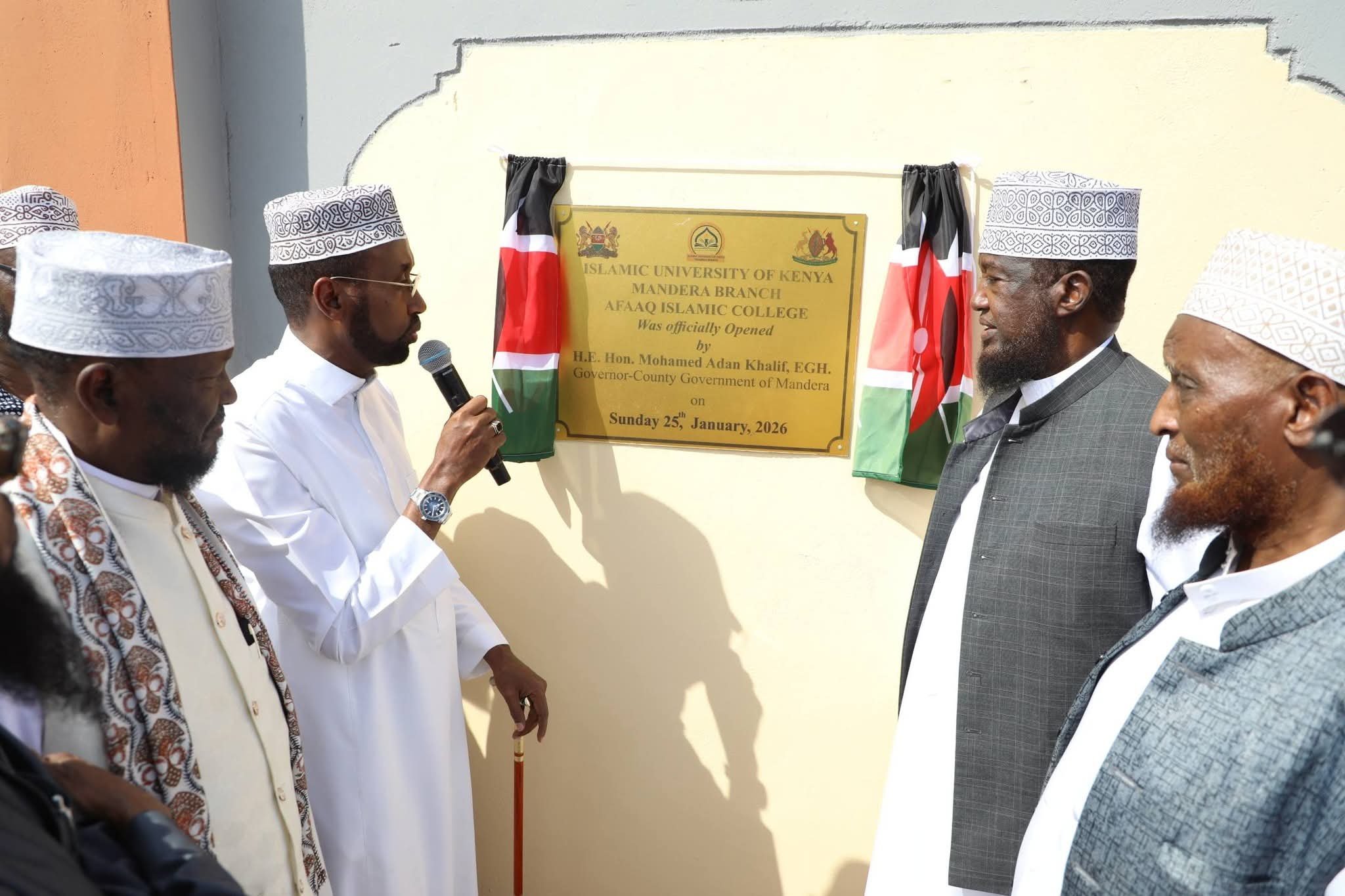 The Governor of Mandera Mohamed Adan Khalif (Left) and Sheikh Mohamed Osman with Islamic scholars at the official opening of the IUK campus in Mandera