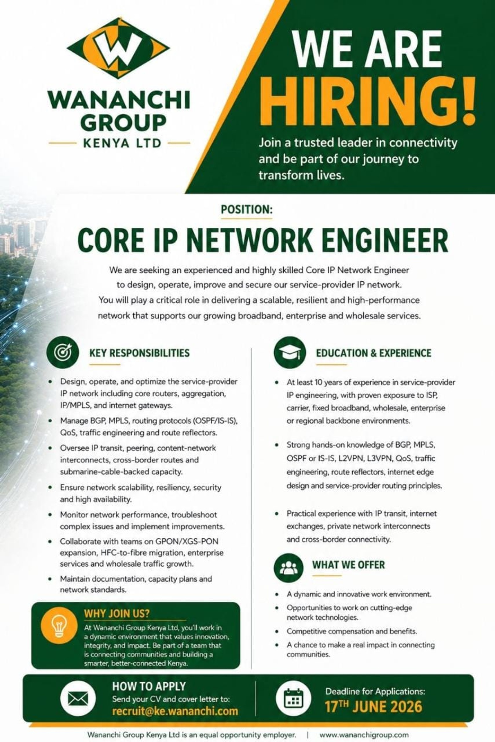 CORE IP NETWORK ENGINEER - WANANCHI GROUP KENYA LTD
