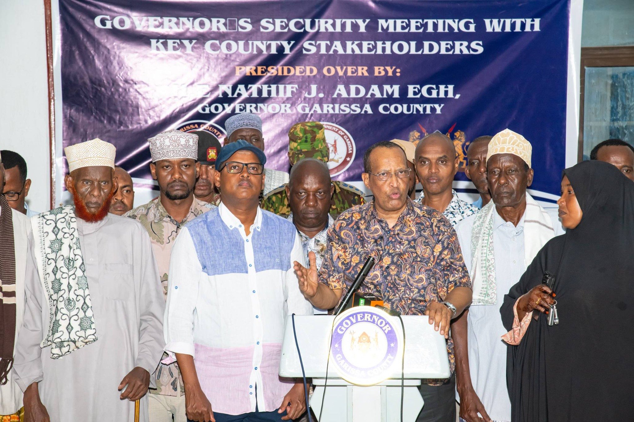 Garissa governor Nathif Jama addresses the press after the security meeting