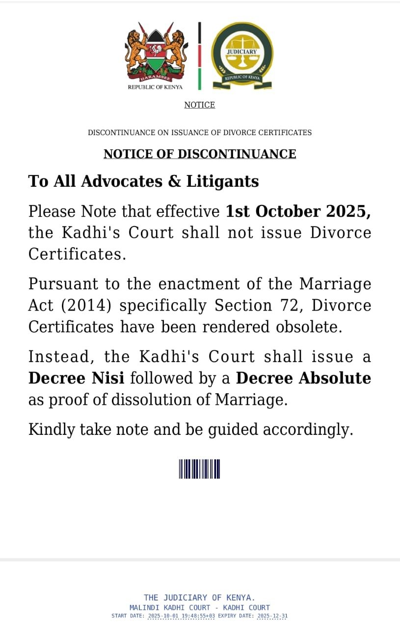 Protests over directive to Kadhi’s Courts to stop issuing divorce certificates