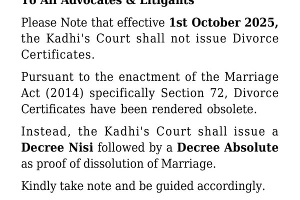 Protests over directive to Kadhi’s Courts to stop issuing divorce certificates