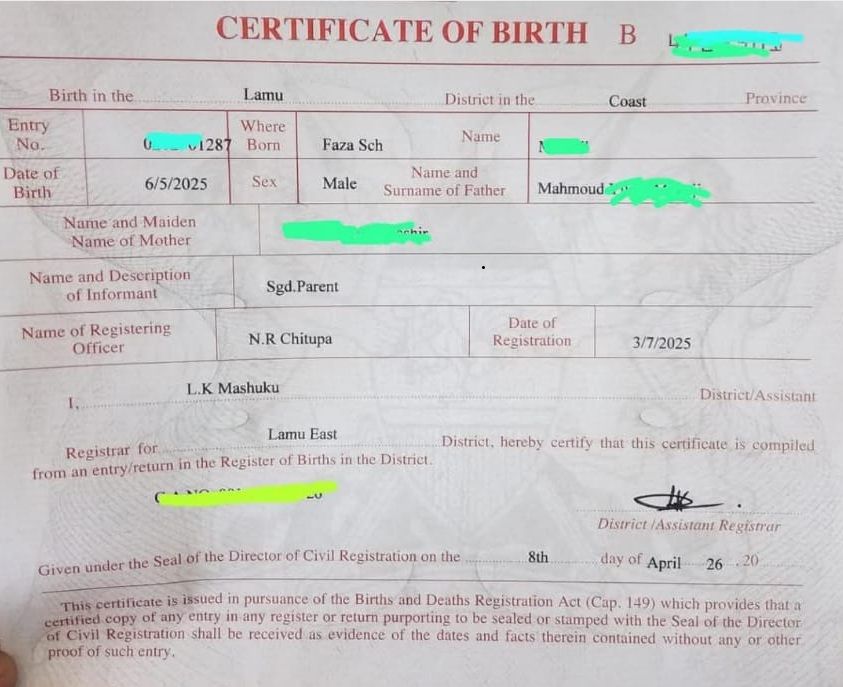 Lamu East marks milestone with first local Birth Certificate issuance