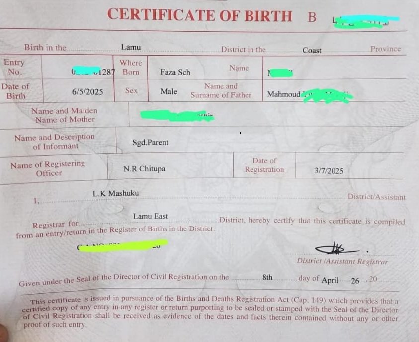 The first birth certificate issued in Lamu East