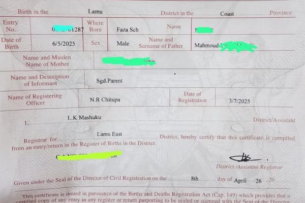 Lamu East marks milestone with first local Birth Certificate issuance