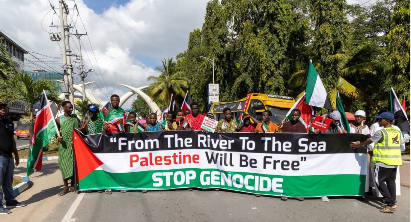 A group of Maasai join the march for justice for Palestine in Mombasa
