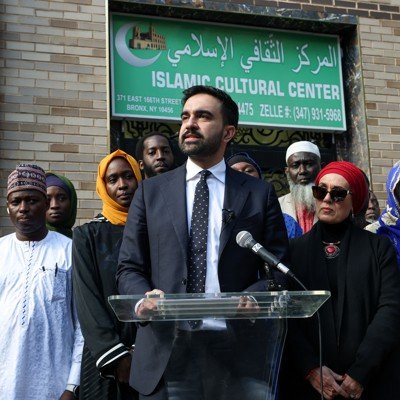 Zohran Mamdani addresses the press during a visit to an Islamic centre in New York
