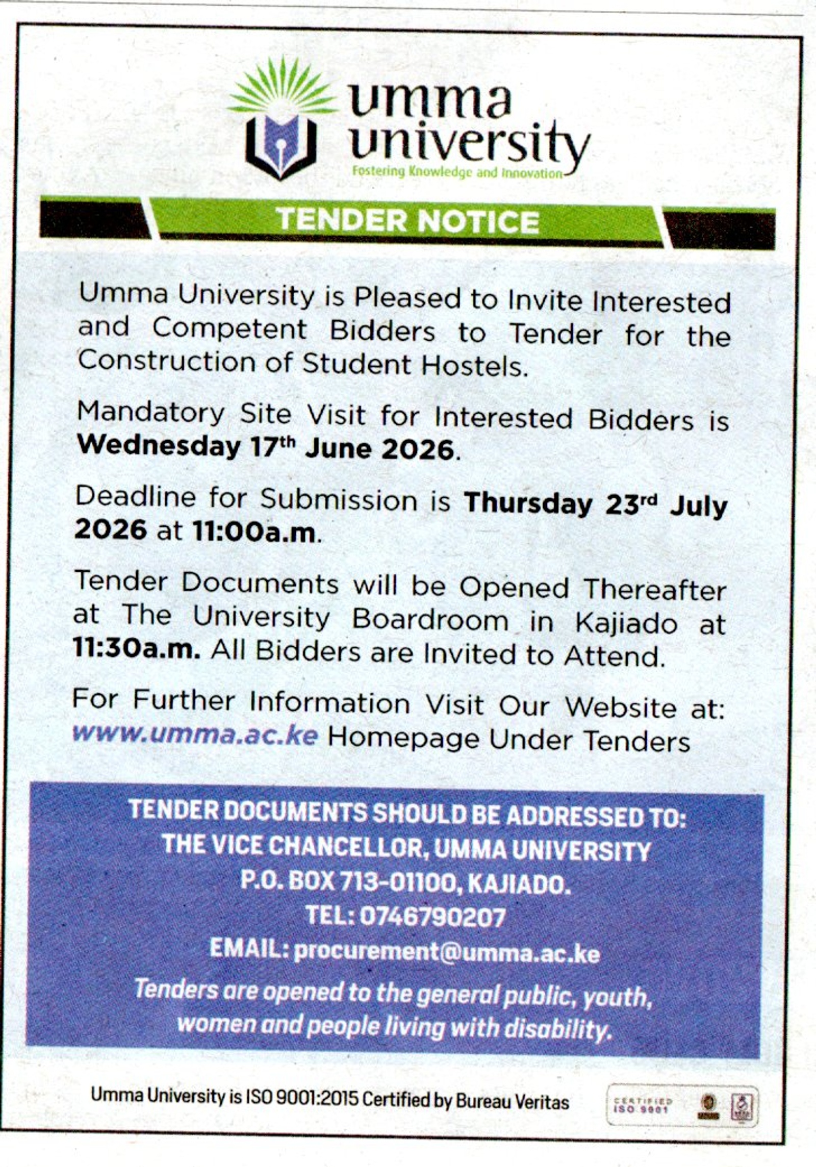 Tender Notice - Umma University