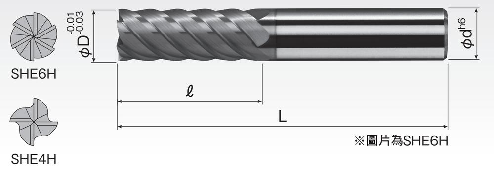 Hard Carbide Square End Mills (4/6F) SHE4H-1