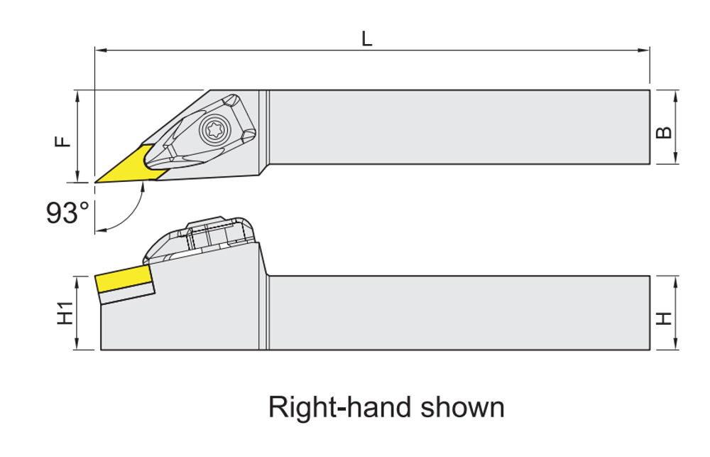 External turning holders for VN.. (VNMG) inserts dimension diagram
