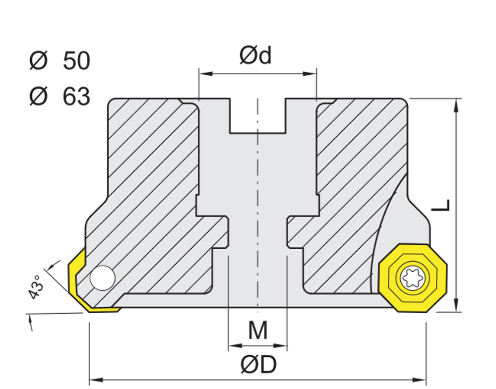Shangin TFM 43° Face Milling Cutter (Holder) feature diagram