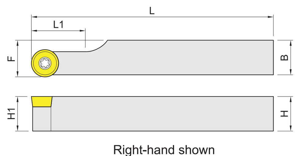 External turning holders for RC.. (RCMT) round inserts dimension diagram
