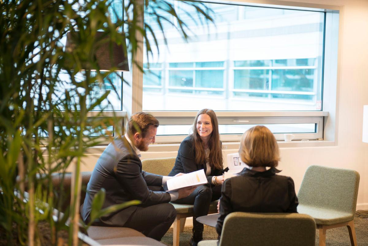 Tre personer diskuterer dokumenter i et lyst rom med et stort vindu og grønne planter.