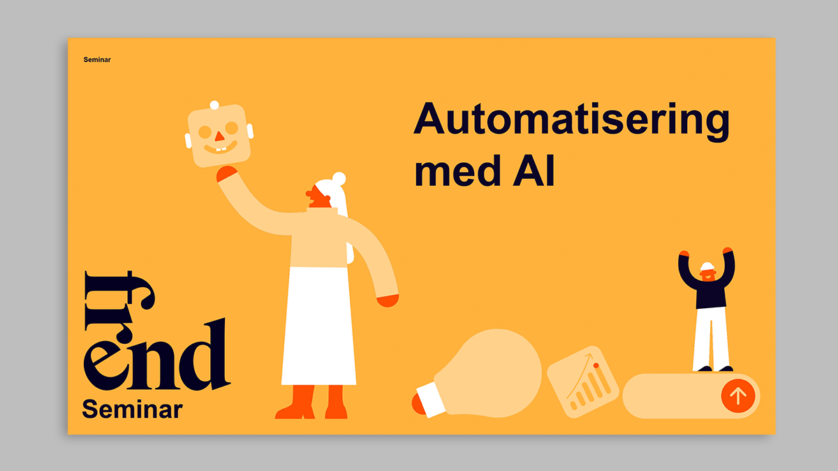 Presentasjon med tittelen "Automatisering med AI", illustrert med stiliserte figurer som holder en robotansikt.