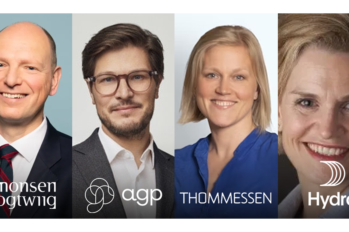 Fire personer og deres selskapslogoer: Simonsen Vogtwiig, agp, Thommessen og Hydro.