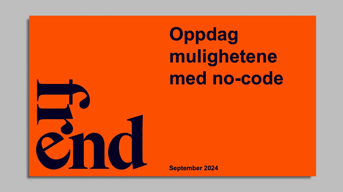 Plakat med overskriften "Oppdag mulighetene med no-code", samt ordet "Trend" og "September 2024".