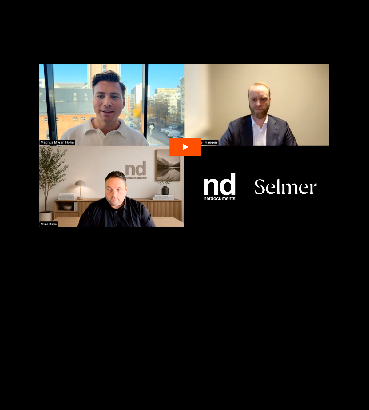 Skjermbilde fra videomøte med tre deltakere og logoene til netdocuments og Selmer