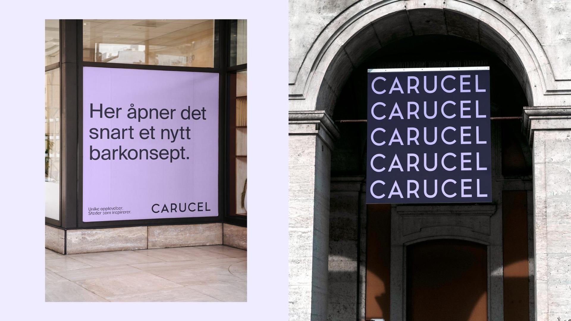To bilder av bygningsfasader: Til venstre en lilla plakat i et butikkvindu, til høyre et mørkt skilt under en buegang.