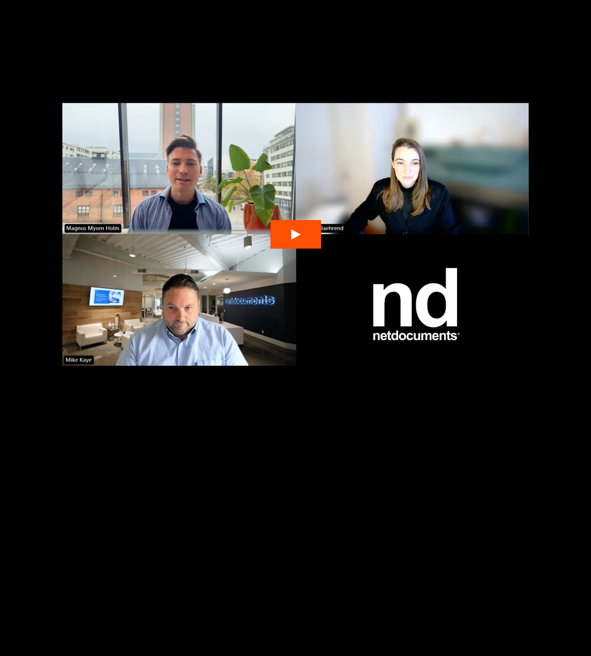 Skjermbilde fra videomøte med tre deltakere og logoen til netdocuments