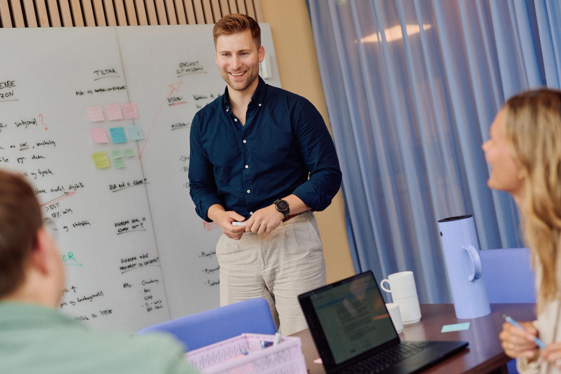 Smilende mann i mørk skjorte leder et møte foran en hvit tavle med notater for kolleger rundt et bord