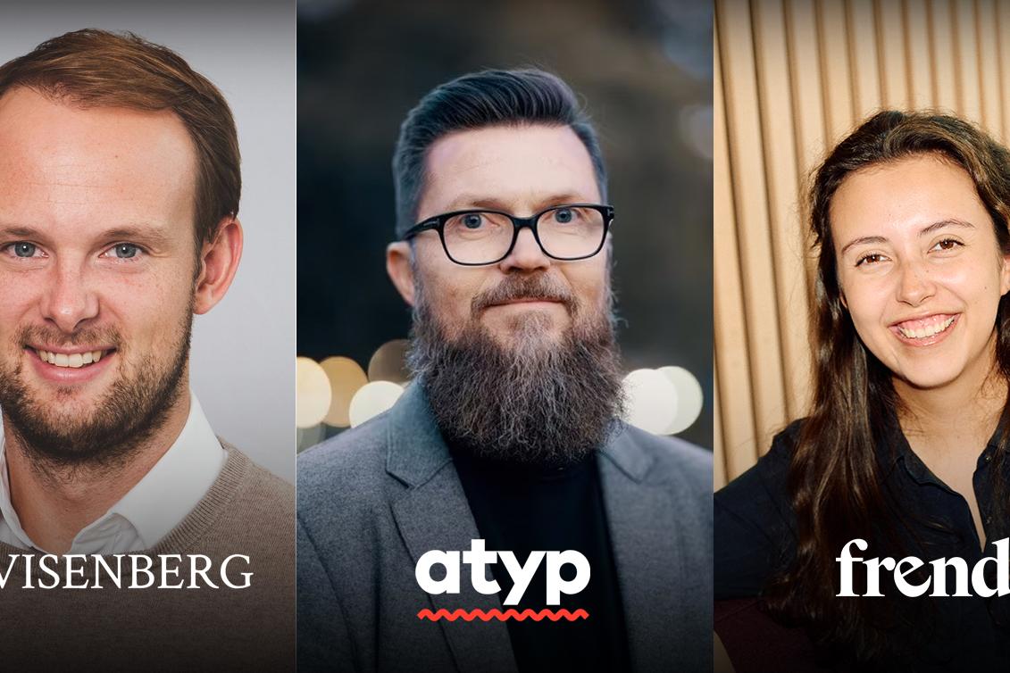 Tre profesjonelle portrettbilder av en smilende mann, en skjeggete mann og en smilende kvinne, med firmalogoer under.