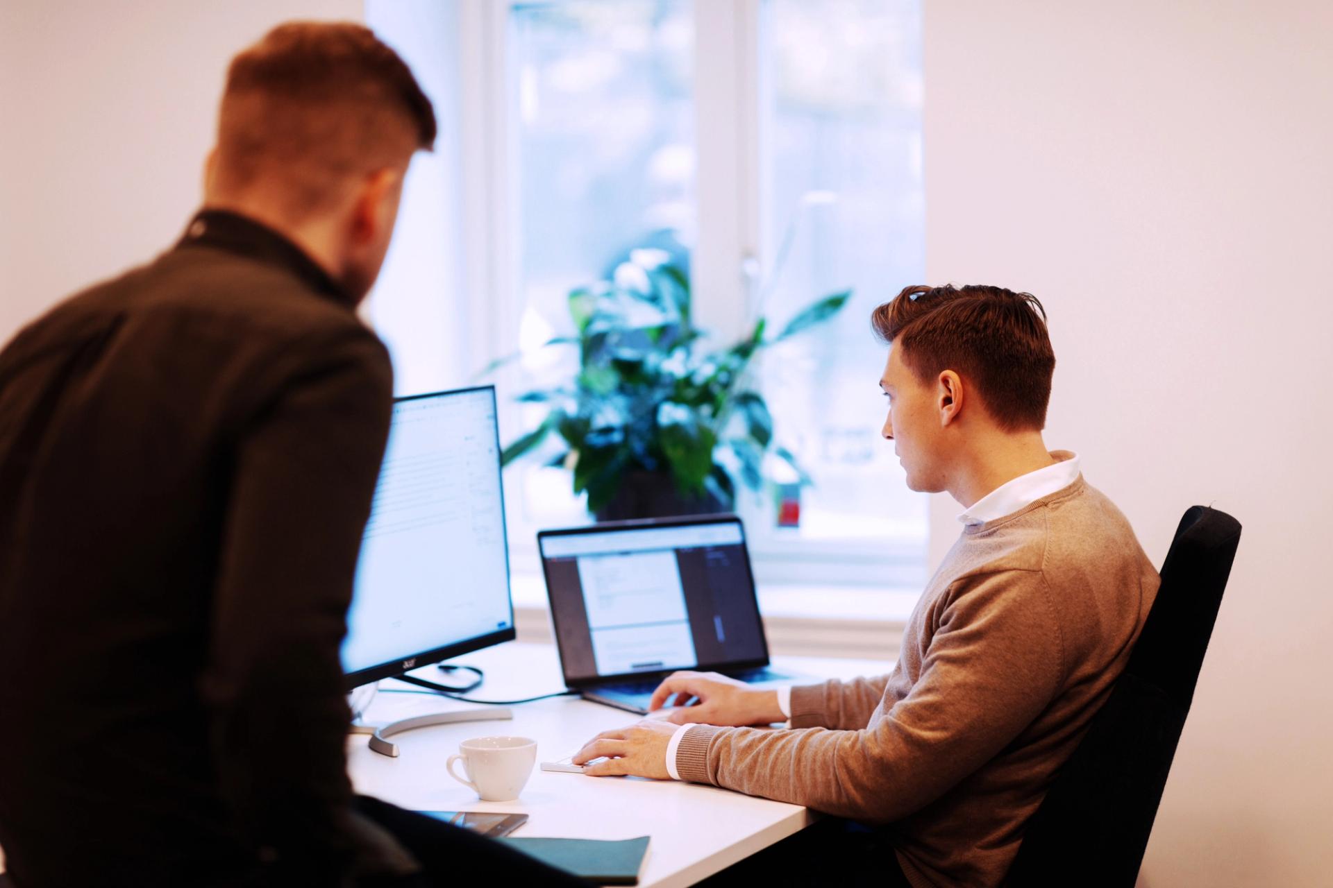 To menn jobber ved hver sin datamaskin på et lyst kontor med planter i bakgrunnen.