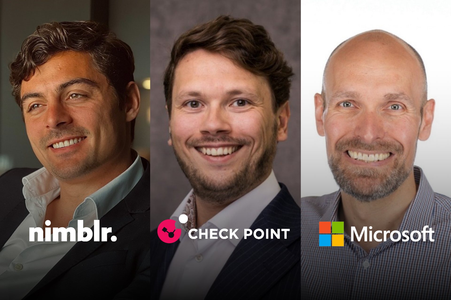 Tre menn smiler foran logoene til nimblr, Check Point og Microsoft