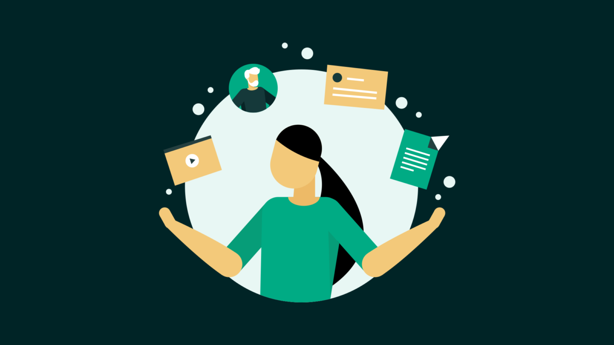 Illustrasjon av en person som sjonglerer ulike digitale elementer som video, dokumenter og en profil.