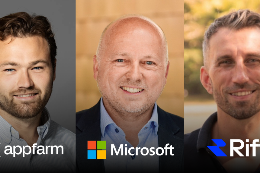 Tre menn, inkludert en fra Microsoft, smiler til kameraet, med appfarm- og riff-logoene under de andre.