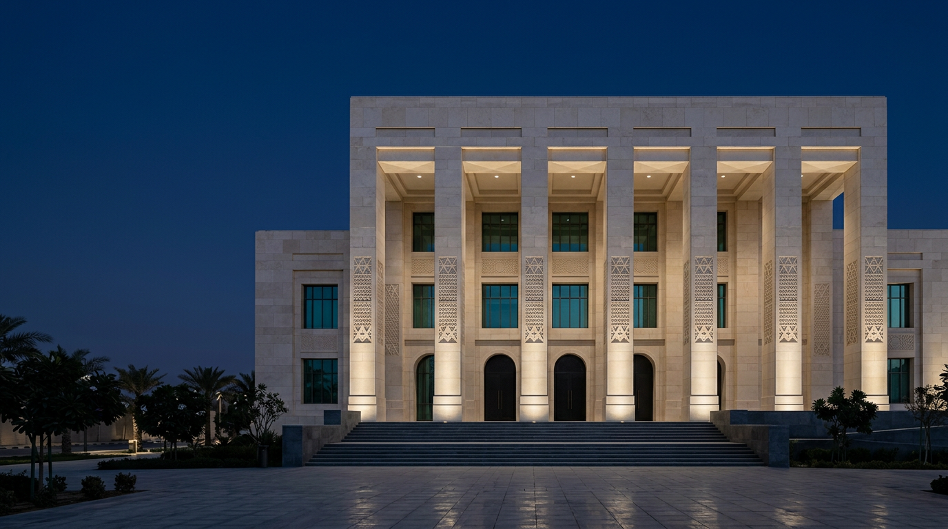 The limestone colonnade of a modern Saudi government institution in Riyadh, softly uplit at blue hour.
