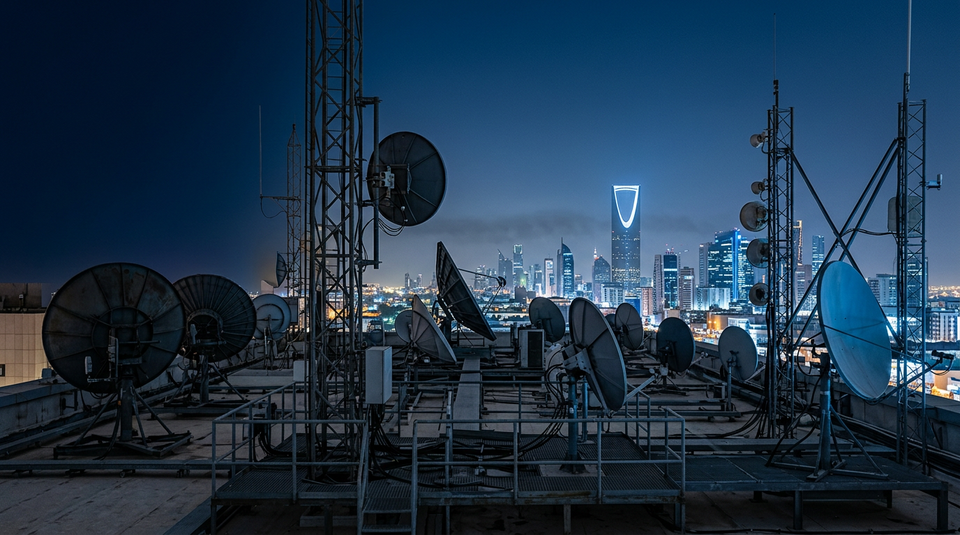 Satellite dishes and broadcast antennas on a Riyadh rooftop at blue hour, the Kingdom Centre glowing in the distance.