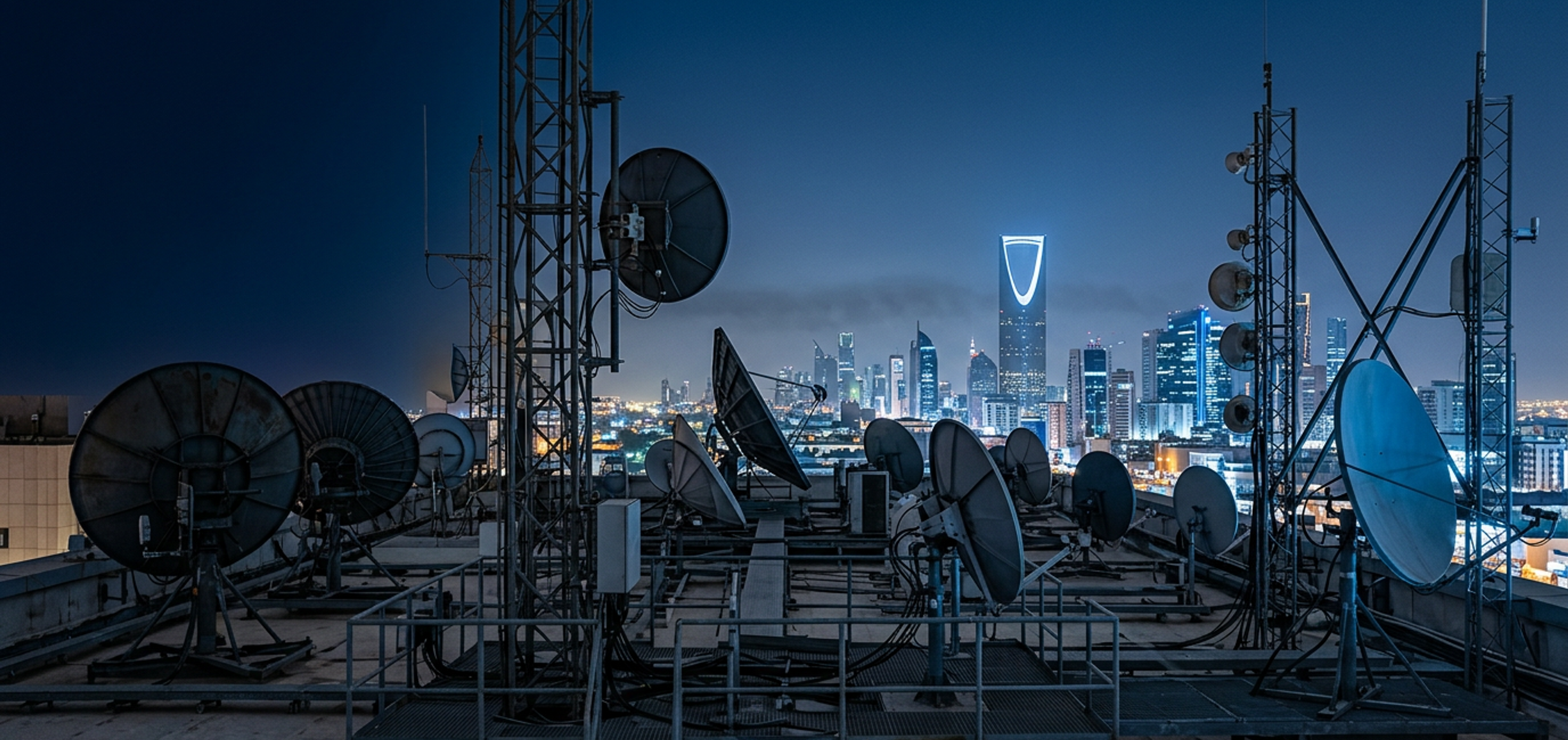 Satellite dishes and broadcast antennas on a Riyadh rooftop at blue hour, the Kingdom Centre glowing in the distance.