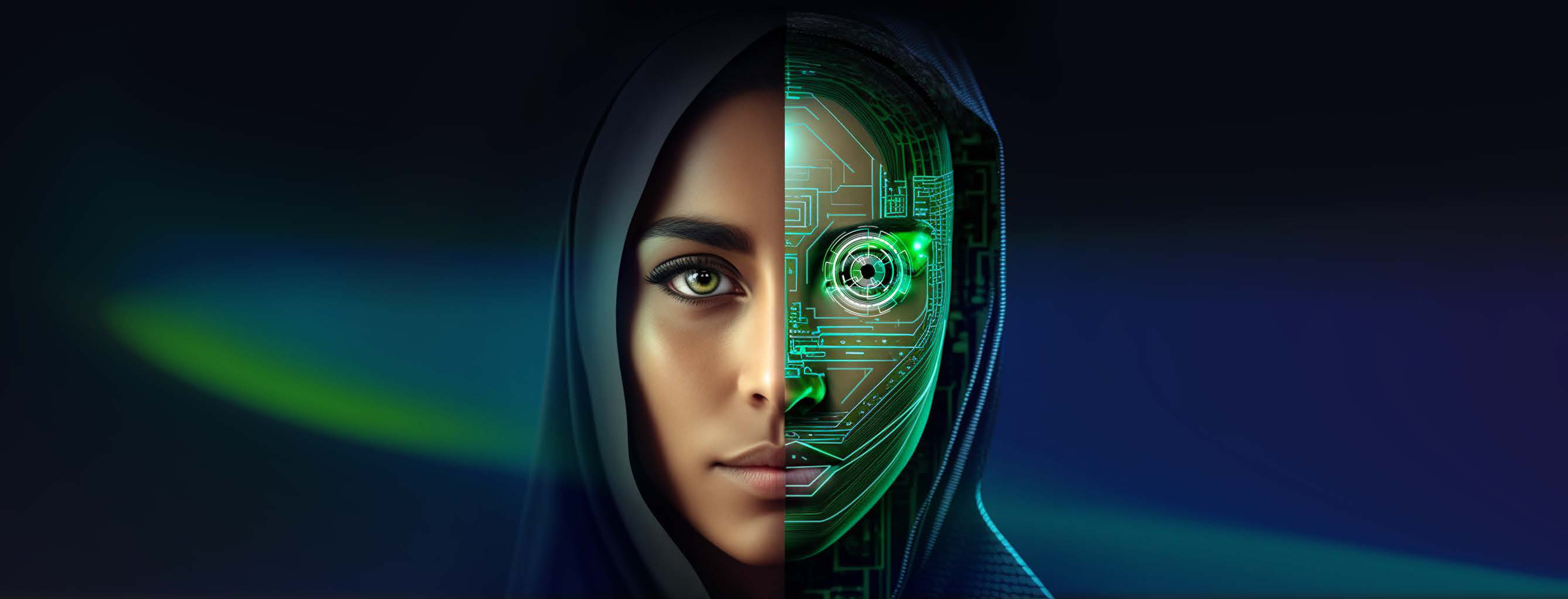 Campaign artwork showing a woman’s face, half photographic and half rendered as glowing green circuitry, against a dark blue background.
