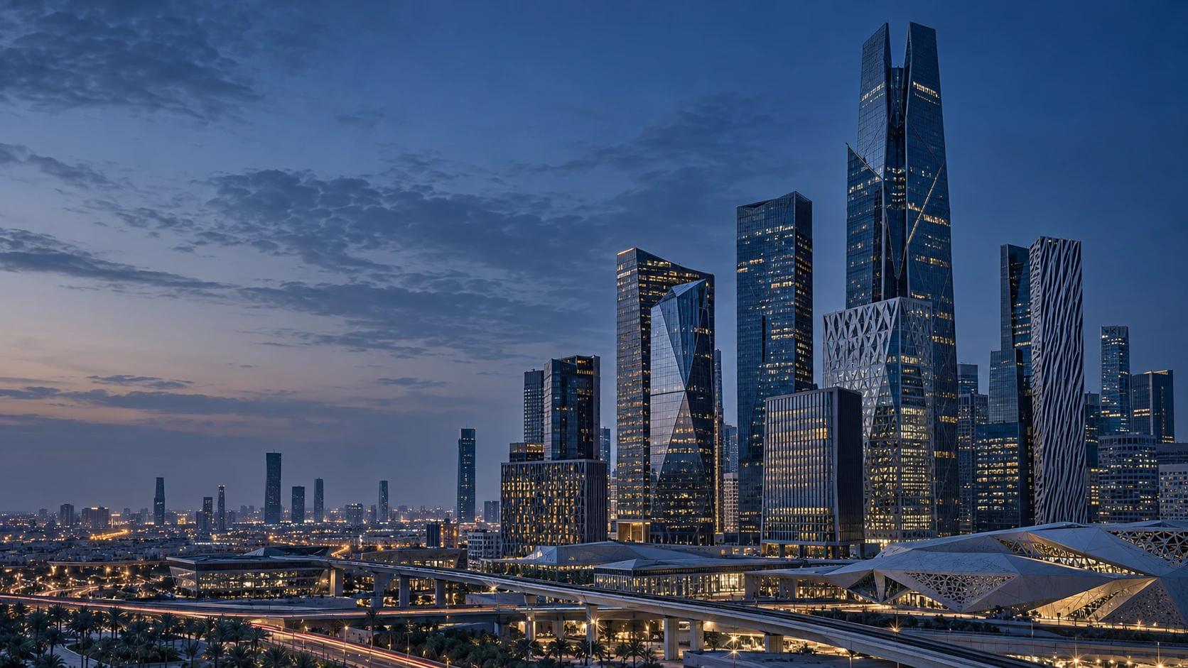 The towers of the King Abdullah Financial District in Riyadh at dusk.