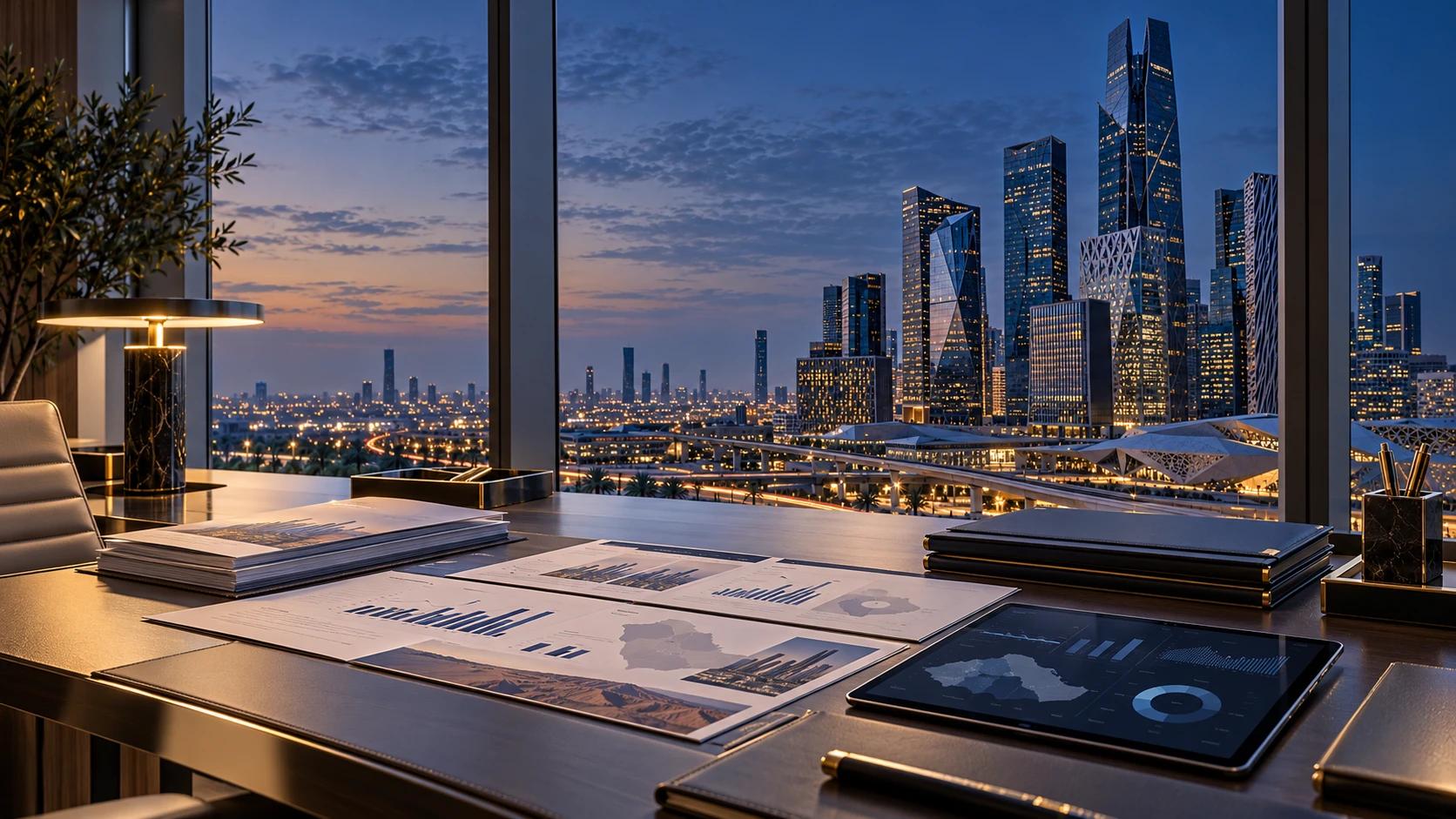 Printed reports, charts and a tablet on a desk overlooking Riyadh’s financial district at dusk.
