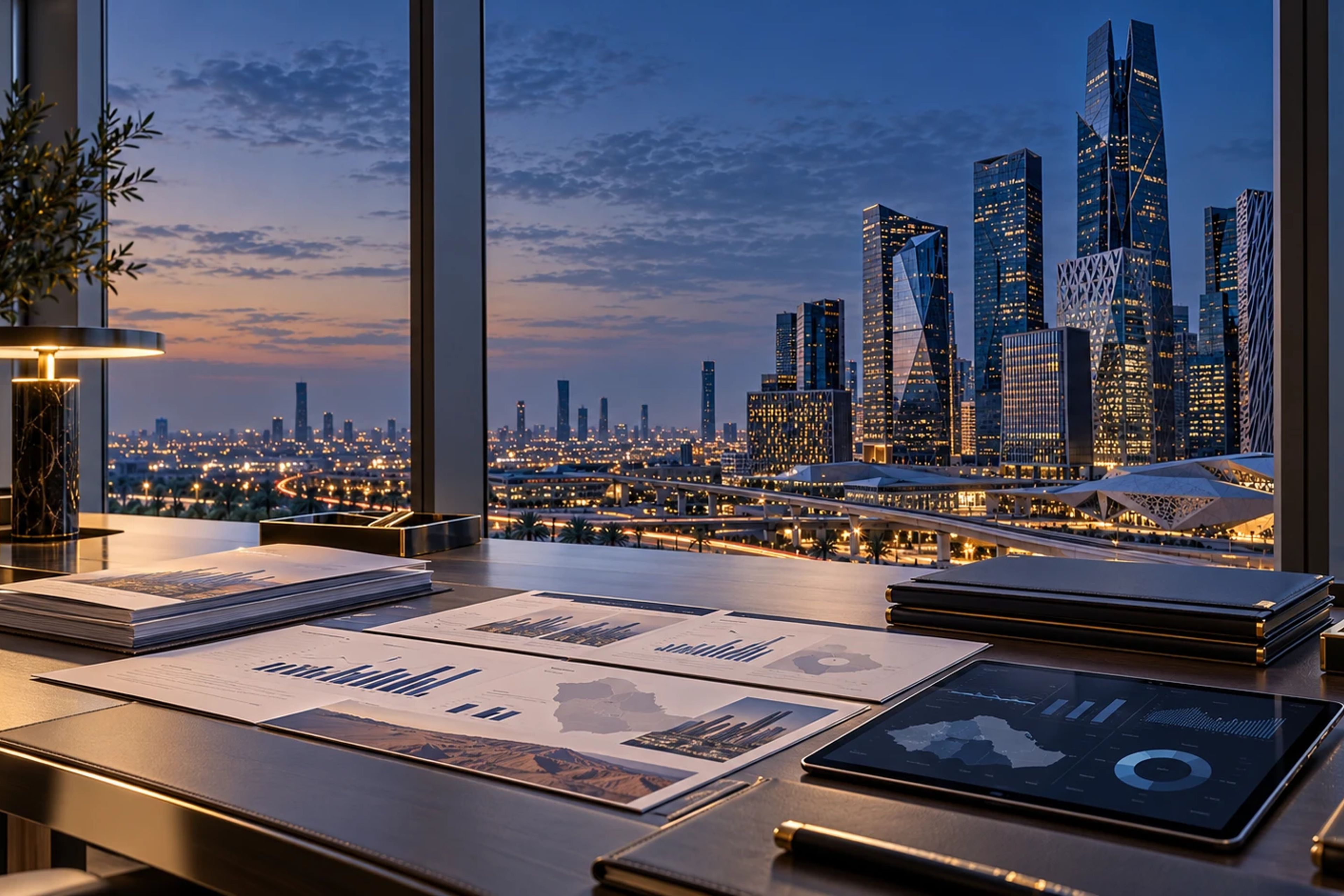 Printed reports, charts and a tablet on a desk overlooking Riyadh’s financial district at dusk.